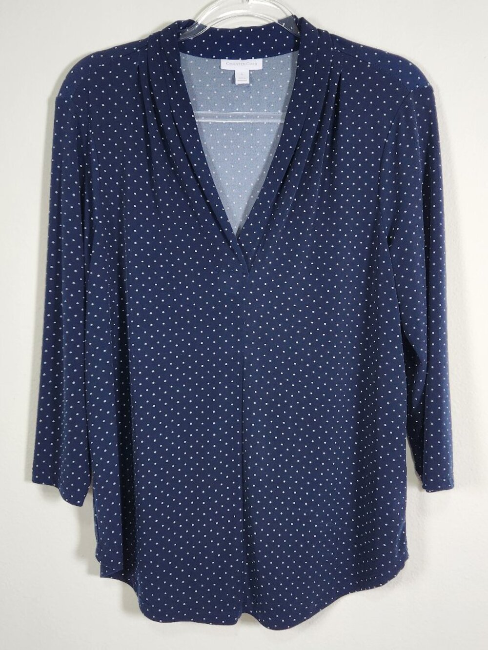 Charter Club Womens Top Size XL Navy Blue Polka Dot 3/4 Sleeve V Neck Stretchy